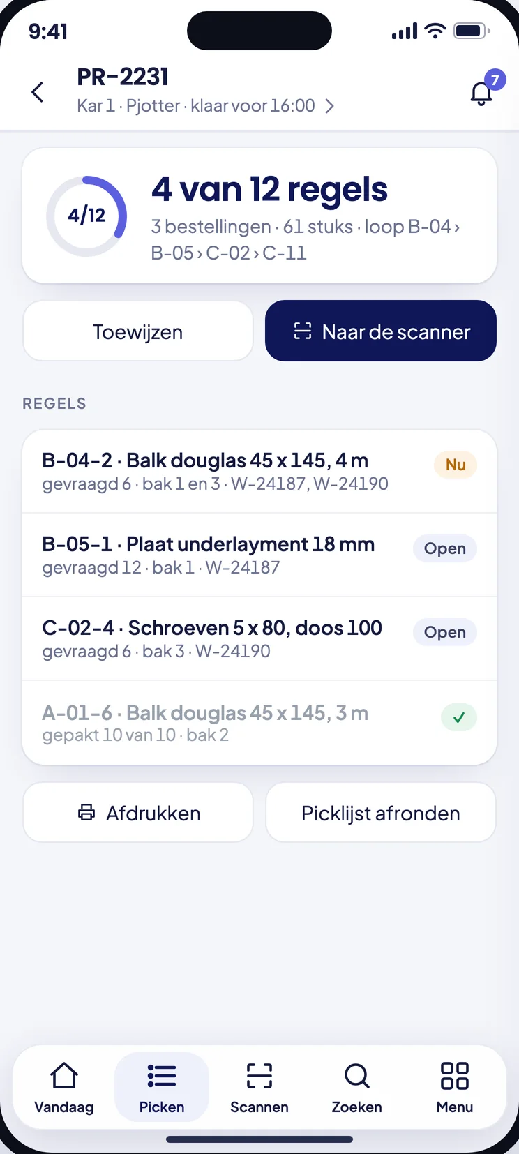 Een picklijst in de Shopro-app