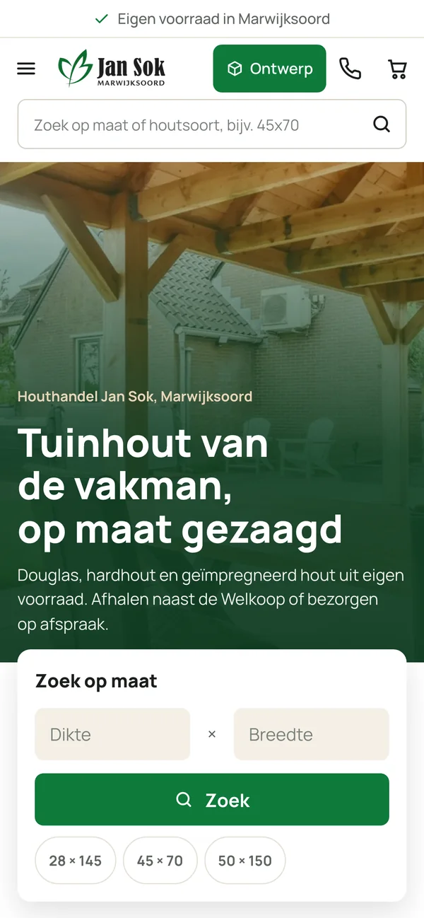 De webshop van Houthandel Jan Sok op de telefoon