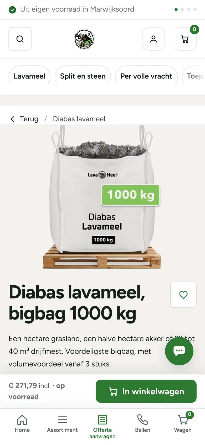 Productpagina van Lava-Meel op de telefoon
